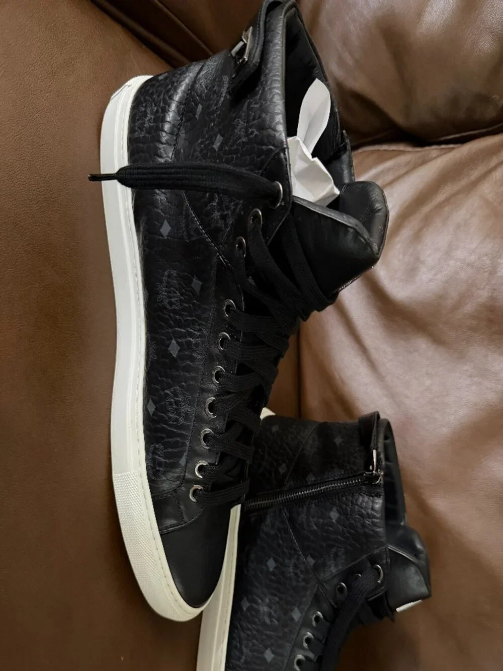 MCM Black Visetos High-Top Leather Sneakers - AUTHENTIC